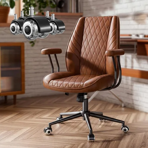 Miniatura 10 de Silla de escritorio de oficina de cuero negro con ruedas de goma silenciosas, altura ajustable, brazos acolchados, silla de oficina vintage