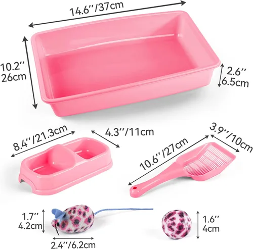 Miniatura 2 de PAWISE Kit de caja de arena para gatos recién nacidos, kit de 5 piezas con bandeja de arena de entrada baja, cuchara, cuencos de alimentación y Rosa
