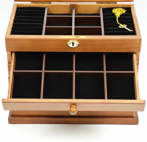 Miniatura 4 de Joyero organizador de 6 capas con cerradura y espejo, cajas de joyería de madera de trébol de cuatro hojas de la suerte y organizadores