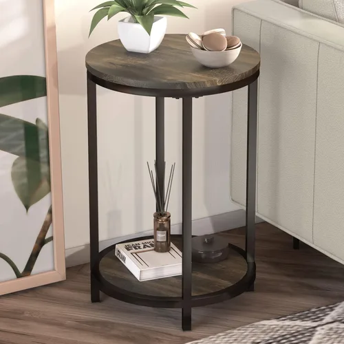 Miniatura 11 de NSdirect Mesa auxiliar redonda, mesa auxiliar de madera rústica de 16 pulgadas y patas de metal resistentes para sala de estar, dormitorio, mesa