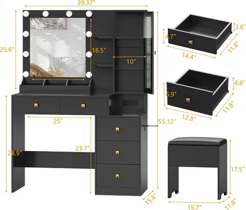 Miniatura 2 de Escritorio de tocador con espejo y luces, tocador de maquillaje negro con 5 cajones, organizador de joyas oculto y gabinete de cristal LED, 3 modos
