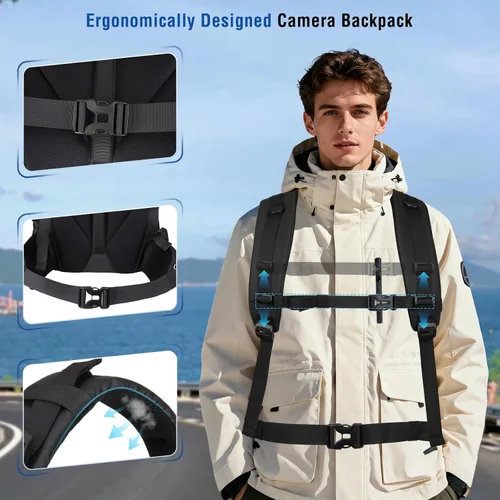 Miniatura 7 de MOSISO Mochila impermeable para cámara, DSLR/SLR/SLR/sin espejo, mochila grande para fotografía con compartimento superior enrollable expandible