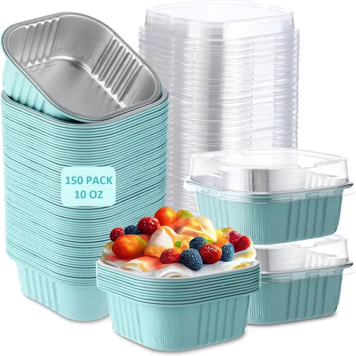 Miniatura 12 de Aoriher 150 piezas de moldes mini para pasteles de 10 onzas con tapas, tazas de horneado de papel de aluminio cuadradas desechables de 4" x 4
