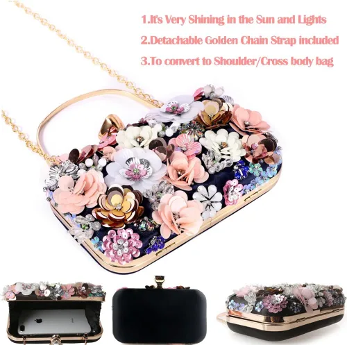 Miniatura 4 de BBTT.ful Las mujeres embragues flor noche bolso cadena correa hombro bolso bolso boda bolso bolso, Negro
