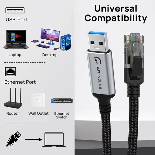 Miniatura 7 de Cable USB a Ethernet de 3.3 pies, USB 3.0 A a RJ45 macho de nailon, Gigabit conectado directamente, compatible con laptop, PC de escritorio, Switch