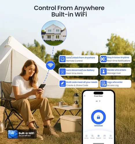 Miniatura 3 de Veise VE027-L - Cerradura inteligente WiFi integrada con asas, juego de cerradura de puerta de entrada sin llave de huellas dactilares, control