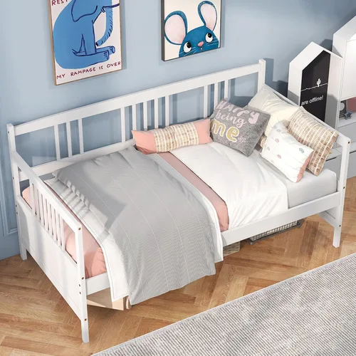 Miniatura 10 de KOMFOTT Marco de sofá cama de madera tamaño individual, marco de cama de sofá con soporte de listones de madera, no necesita somier, marco de sofá
