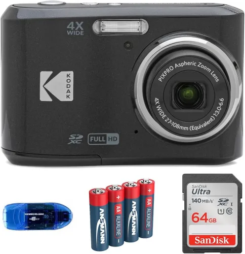 KODAK Pixpro FZ45 - Paquete de cámaras digitales, incluye: tarjeta de memoria SanDisk SDXC de 64 GB, baterías de repuesto y lector de tarjetas (4