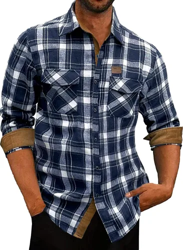 Comdecevis Camisa de trabajo de franela para hombre con mangas largas y bolsillos en el pecho, camisa duradera y cómoda con botones en tela de pana
