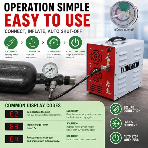 Miniatura 9 de PORTAIR - Compresor HPA portátil de 4500 PSI, parada automática, sin aceite/agua, convertidor de potencia integrado, compresor de aire PCP para Gris