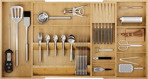 Miniatura 9 de Organizador de cajones de cubiertos de bambú, organizador de cajones de cocina grande expandible de 17.7-29.5 pulgadas, cubiertos de 5 a 8 ranuras