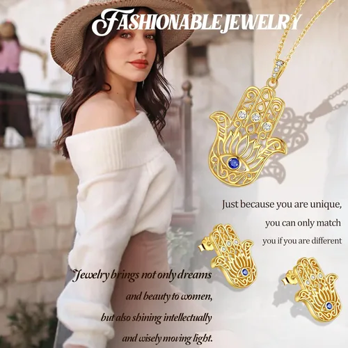 Miniatura 7 de Anillo de ojo malvado de Hamsa Mano de Fátima con diseño de loto de yoga, pendientes y colgante de plata de ley 925, oro de 18 quilates, chapado