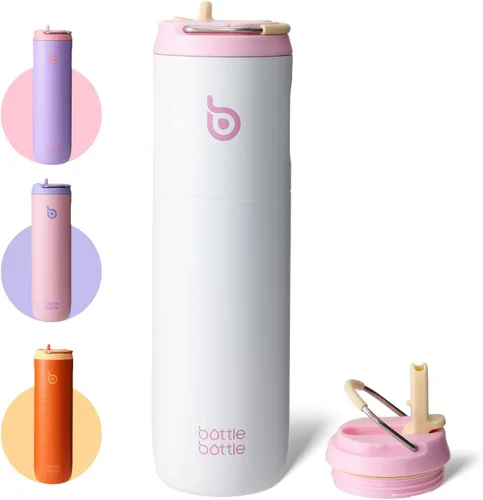 Miniatura 17 de BOTTLE BOTTLE Botella de agua aislada de 24 onzas con tapa de popote y asa para deportes, viajes, gimnasio, botellas de agua de acero inoxidable