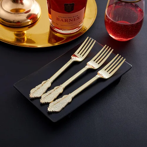 Miniatura 3 de N9R 100 tenedores de plástico dorados, cubiertos desechables de plástico dorado de 7.48 pulgadas, tenedores de plástico resistentes para fiestas