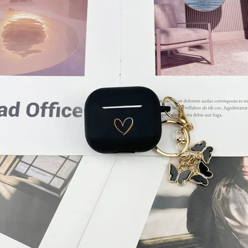 Miniatura 5 de Funda compatible con AirPods 3 2021, funda de silicona suave con patrón de corazón dorado para AirPods de 3ª generación con bonito llavero de Negro