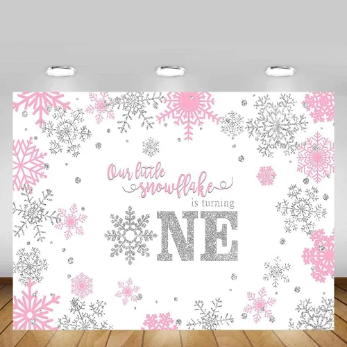 Miniatura 3 de MEHOFOND Telón de fondo de fotografía de invierno para niña, diseño de copo de nieve dulce y pequeño, feliz primer cumpleaños, rosa, plateado