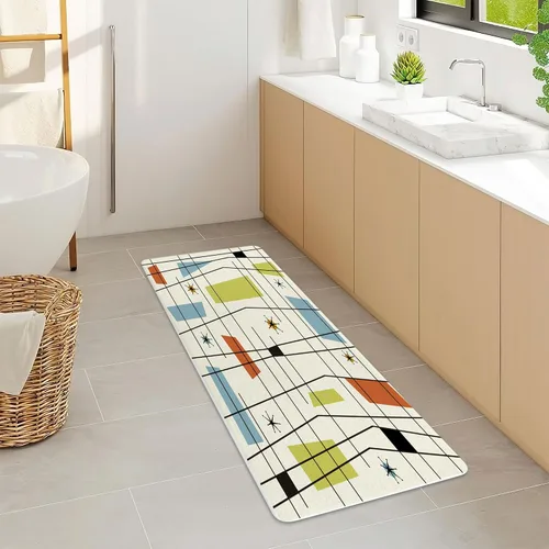 Miniatura 9 de Alfombra de baño de mediados de siglo, alfombra de baño estética abstracta geométrica de mediados de siglo, color verde azulado, retro, cuadrícula