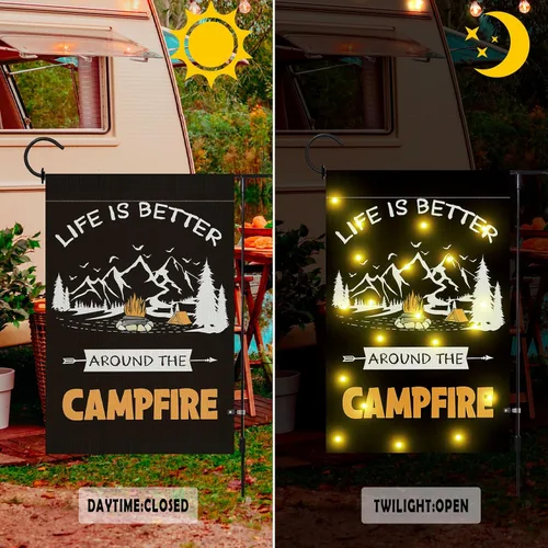 Miniatura 2 de Bandera de jardín para campamento con luces LED, 12 x 18 pulgadas, arpillera vertical de doble cara para campamento, hoguera, banderas de jardín