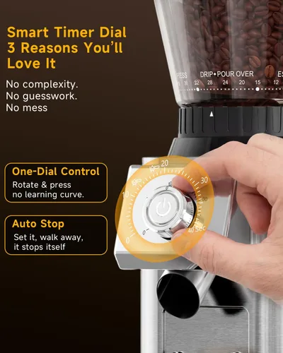 Miniatura 2 de IAGREEA Molinillo de café con rebabas cónicas, 48 ajustes de molienda, antiestático de baja velocidad de 450 RPM, temporizador de precisión, soporte