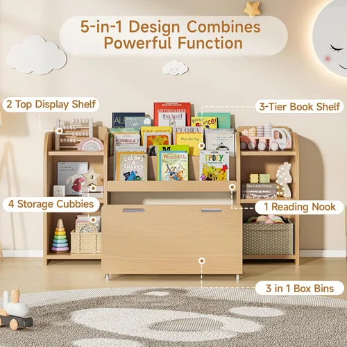 Miniatura 4 de ONBRILL Estantería para niños con rincón de lectura, organizador de almacenamiento de juguetes de 55.2 pulgadas, 6 cubos de almacenamiento