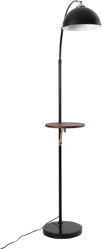 Miniatura 3 de Lámpara de pie industrial con mesa de madera, moderna lámpara de pie de arco negro para sala de estar, lámpara de poste de pie con base de mármol