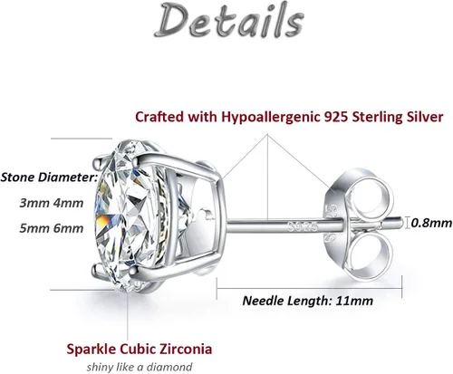 Miniatura 2 de MASOP - Aretes tipo dormilona de tuerca, de plata de ley de 0.078 a 0.31 pulgadas con circonita cúbica, hipoalergénicos, pequeños, redondos