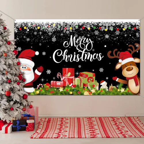 Miniatura 8 de Irenare Pancarta de Navidad telón de fondo de Papá Noel, reno y Feliz Navidad, cartel interior para Navidad, fiesta de vacaciones, cabina de fotos