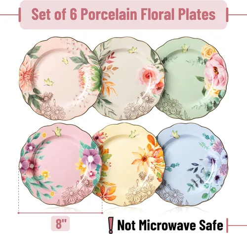 Miniatura 2 de BTaT - Platos florales de porcelana, 8 pulgadas, juego de 6, platos de postre real, platos florales, platos de ensalada, platos pequeños, juego
