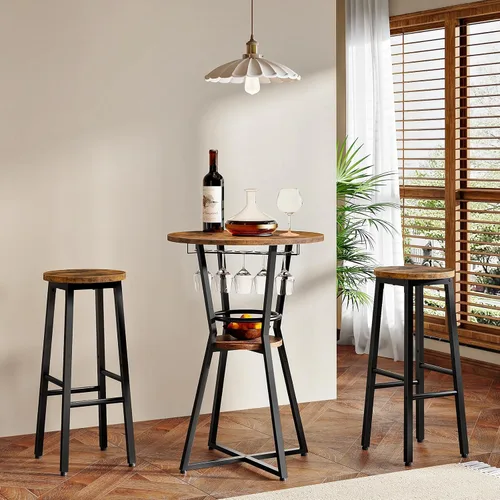 Miniatura 6 de HOOBRO Mesa redonda de bar, mesa de bar de 2 niveles con soporte para copas de vino, mesa de cóctel industrial, para espacios pequeños, taberna