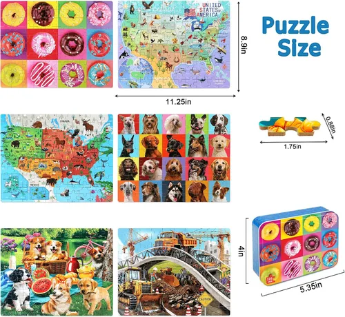 Miniatura 2 de LELEMON Rompecabezas para niños de 4 a 6 años, paquete de 6 rompecabezas de 100 piezas para niños de 4 a 8 años en una caja de metal, rompecabezas