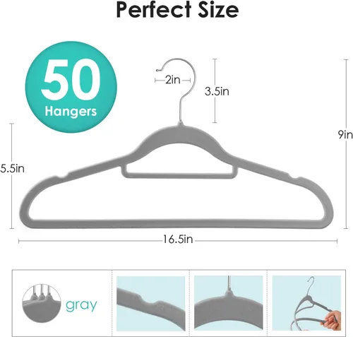 Miniatura 7 de DUDUCOFU Perchas de terciopelo antideslizantes de fieltro, paquete de 50 perchas de terciopelo gris para ropa que ahorran espacio, con gancho