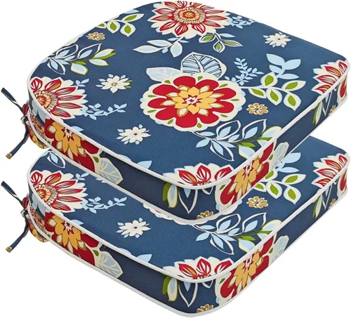 Miniatura 24 de JMGBird Juego de 2 cojines para sillas de exterior, patrón de flores de mandala azul, 16 x 17 pulgadas, cojines de asiento de patio con lazos