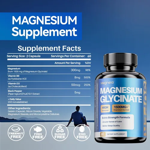 Miniatura 3 de Glicinato de magnesio – Suplemento de magnesio de alta absorción con vitamina B6, D3 y pimienta negra – Promueve la calma, la relajación y un mejor