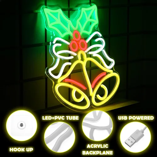 Miniatura 3 de Xuhal Letrero de neón de campana de Navidad, luces de neón de Navidad, señal LED iluminada por USB para decoración de pared, barra, sala de estar