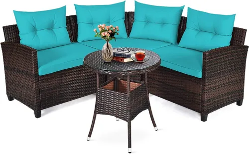 Miniatura 13 de Tangkula - Juego de muebles de patio de 4 piezas en forma de C de mimbre para exteriores, con cojines y mesa de centro con cubierta de cristal