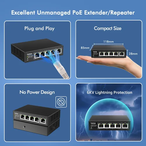 Miniatura 6 de Yuanley extensor PoE de 5 puertos Gigabit con 4 salidas PoE, 90W de entrada, mini interruptor de 5 canales de 1000Mbps IEEE 802.3af/at/bt, carcasa