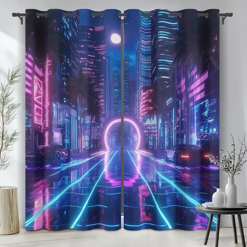 Miniatura 9 de Neon Synthwave Kitchen Curtains 2 Panels, Neon Cyberpunk Blackout Curtains Thermal Insulated Small Window Curtains, Colorful Futuristic Drapes