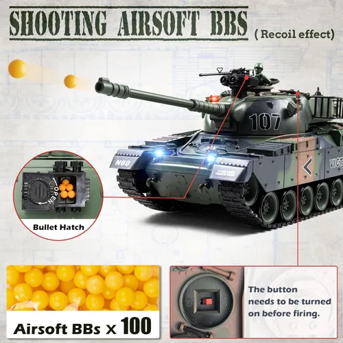 Miniatura 5 de Supdex Tanque RC 1:18, 2.4Ghz US M60 modelo de tanque de control remoto, juguete militar de batalla de 15 canales con humo, sonido ligero, Verde