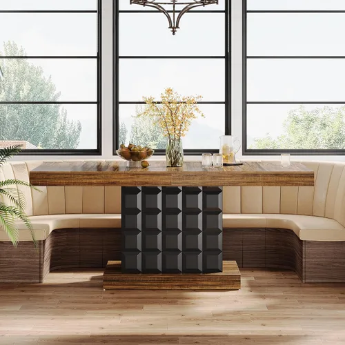Miniatura 7 de Tribesigns Mesa de comedor de 63 pulgadas para 4-6, mesa rectangular de madera de granja con relieve geométrico, base de pedestal (café y negro)