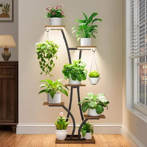Miniatura 4 de Soporte de plantas MOSTWOGO con luz de crecimiento para plantas de interior, estante de plantas de metal de 6 niveles, estante de plantas