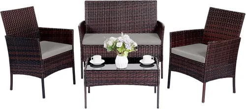 Miniatura 13 de Juego de muebles de patio de 4 piezas, muebles de ratán para exteriores con mesa de centro de vidrio templado, sillas modernas de ratán para patio