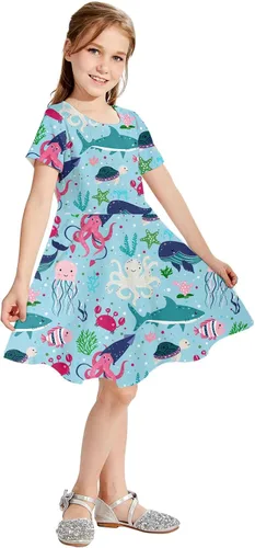Miniatura 3 de RAISEVERN Vestido de manga corta para niña, estampado 3D, falda casual para fiesta temática de vacaciones, 2-9T
