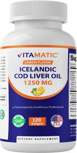 Vitamatic Cápsulas de aceite de hígado de bacalao islandés 1250 mg 120 cápsulas blandas (sabor a limón) - Promueve la salud cardiovascular