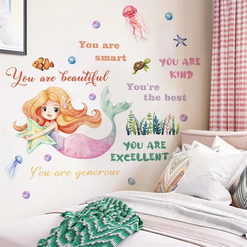 Miniatura 4 de WAFT YEARN Vinilo extraíble con diseño de sirenas y medusas subacuáticas de animales del océano, decoración de pared para guardería, escuela, aula