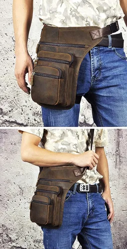 Miniatura 2 de Le'aokuu Riñonera táctica de cuero genuino para hombre, riñonera, pierna caída, cruzada, bolsa, 3111 A Marrón, Hip Bum - Bolsa para muslos y piernas