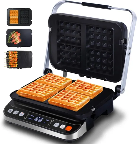 Taylor Swoden - Prensa para panini y gofrera, parrilla eléctrica interior de 1600W con placas antiadherentes de doble cara, pantalla táctil LED,