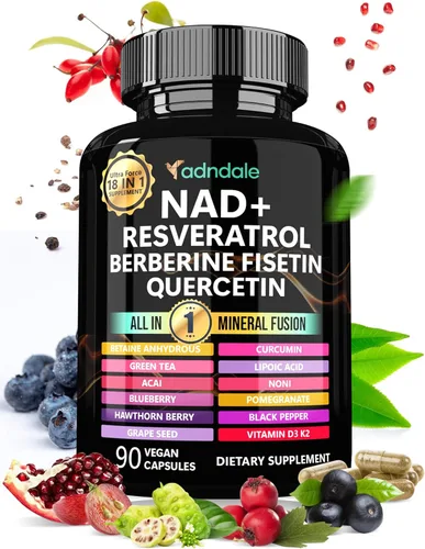 Adndale Suplemento de Resveratrol NAD. NMN Alternativa Liposomal NAD+, Trans Resveratrol, Quercetina, Berberina, Betaína Anhidra, Semilla de Uva,