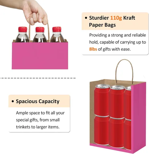 Miniatura 3 de BagDream 25 bolsas de regalo de color rosa intenso de 8 x 4.25 x 10.5 pulgadas, bolsas de regalo de papel kraft con asas para compras, pequeñas