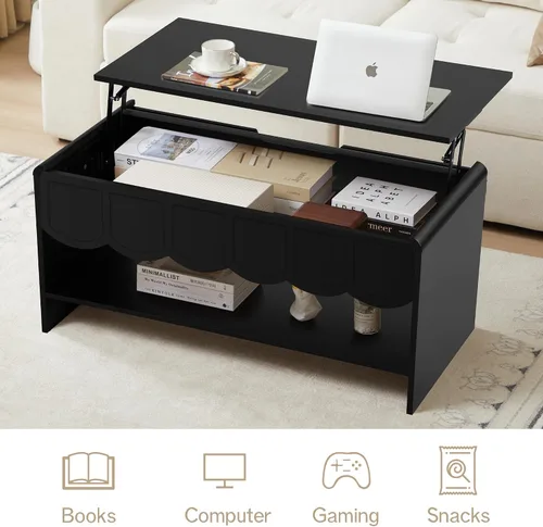 Miniatura 4 de Mesa de centro elevable con compartimento oculto, mesa central de madera de 2 niveles con panel ondulado, moderna mesa elevadora para el hogar, sala