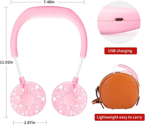 Miniatura 8 de Ventilador de cuello portátil recargable, ventilador personal manos libres, mini USB, con banda para el cuello, ventilador deportivo de 3 Paquete